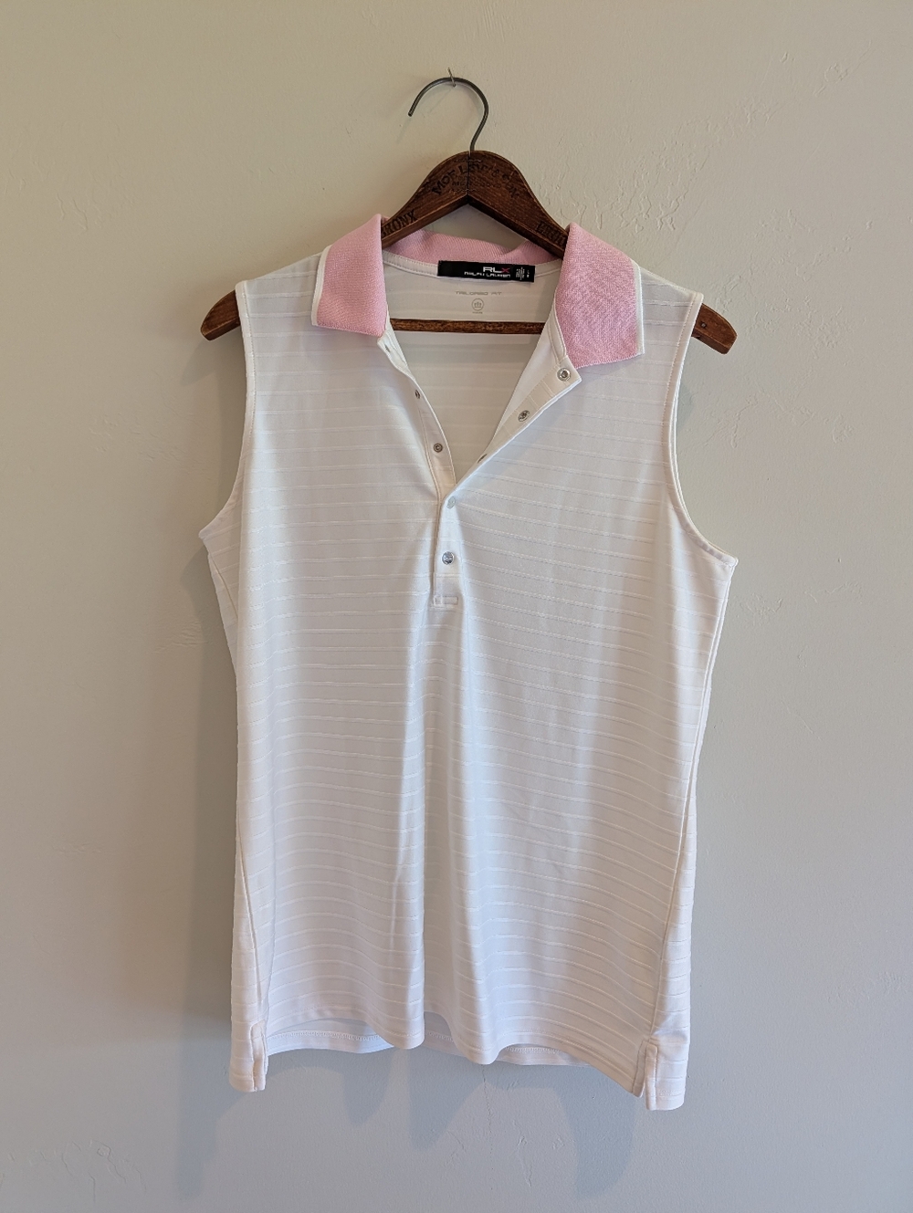 Ralph Lauren RLX Ladies Golf Shirt Collared Sleeveless Pink & White Size L